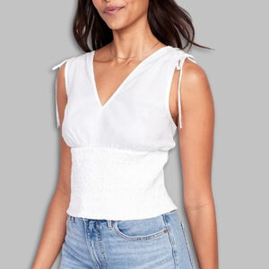 Old Navy Smocked Waist Blouse Fitted Sleeveless V-Neck Tie-Shoulder White Large
